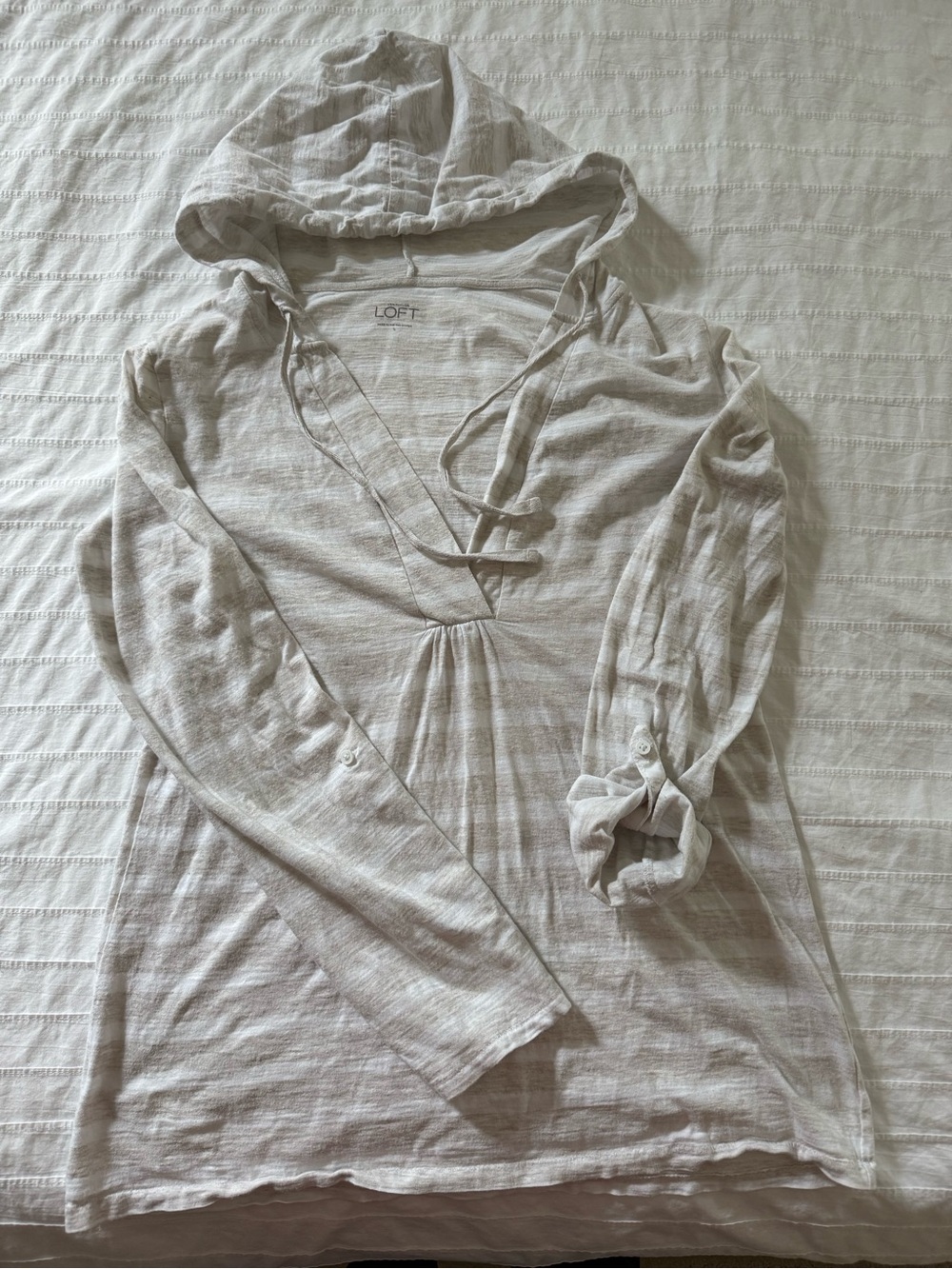 LOFT Cream Lightweight Hooded Tunic with V-Neck Tie